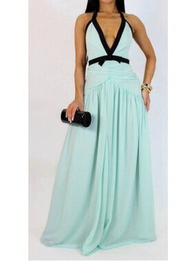 Innovare Denim Women's Sz M Halter Bow Maxi Dress With Black Trim